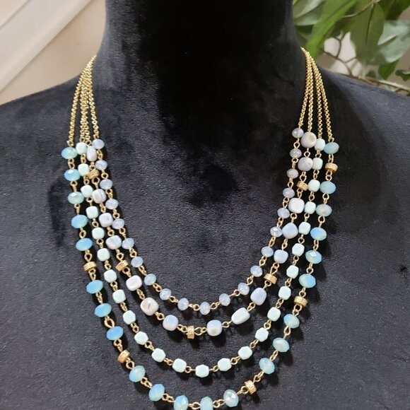 Womens Turquoise Beads Metallic Gold Cord Necklace with Earrings - Picture 2 of 7